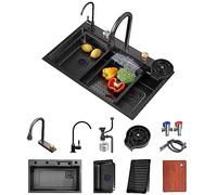 FIVIXIL Fregadero de cocina rainfall single groove fregadero de cocina con grifo de extracción, lavavajillas presurizado, tabla de cortar, cesta de drenaje, así como otros accesorios (85 * 45 * 21cm)