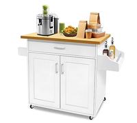 FIVMEN Carrito de cocina blanco con ruedas y encimera, carrito de cocina, isla de cocina de madera, con toallero y tabla de especias, mueble de cocina, 115 x 90 x 36 cm