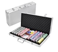 FIVMEN Juego de 500 fichas de póquer con 500 fichas de póquer láser, 2 cubiertas de póquer, 3 botones de distribuidor, 5 cubos con maletín de aluminio, color plateado