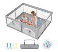 FIVMEN Parque infantil de 150 x 180 cm, con 50 pelotas, rejilla para gatear y 4 anillos de tracción, diseño de bebé portátil, gris