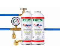 FixClima R1234yf Kit de recarga de aire acondicionado 2 x 3 en 1 - Manguera profesional de cobre con manómetro - Gas para aire acondicionado coche, recarga fácil - SealStop + Oil