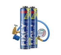 FIXFY 5 en 1 - Repuestos de refrigerante R134a con aceite, secador, sellador, gas y colorante UV - Set con manguera y manómetro, 2 latas de 500 ml, para autorellenar el aire acondicionado en coches de