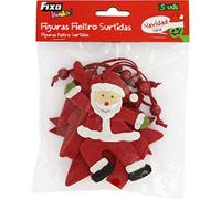 Fixo Kids 40499. Pack de 5 Figuras de Fieltro con Cordón para Árbol de Navidad: Copo de Nieve, Abeto, Santa Claus, Estrella y Reno, Color Rojo