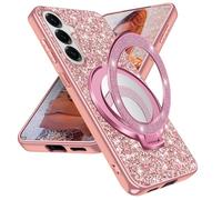 Fiyer Funda para Samsung Galaxy S24 FE con purpurina, brillante, original, para Samsung S24 FE, con soporte de anillo de espejo, magnético, resistente a los golpes y arañazos (oro rosa)
