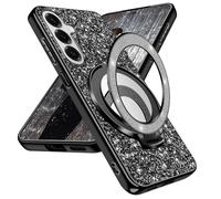 Fiyer Funda para Samsung Galaxy S24 FE con purpurina, brillante, original, para Samsung S24 FE, con soporte de anillo de espejo, magnético, resistente a los golpes y arañazos (negro)