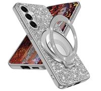 Fiyer Funda para Samsung Galaxy S24 FE con purpurina, brillante, original, para Samsung S24 FE, con soporte de anillo de espejo, magnético, resistente a los golpes y arañazos (plata)