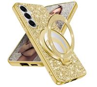 Fiyer Funda para Samsung Galaxy S24 FE, con purpurina, brillante, original, para Samsung S24 FE, con soporte de anillo de espejo, magnético, resistente a los golpes y arañazos (dorado)