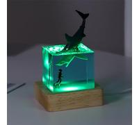 FIYSON Lámpara de noche de resina epoxi en forma de tiburón, adornos de cubo oceánico, lámpara de noche en forma de tiburón, lámpara de buceo con base de madera, luz nocturna de micro paisaje, para