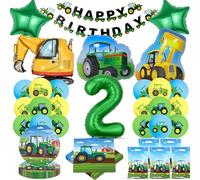 Fizdoqg Juego de decoración de cumpleaños para tractor, 2 años, decoración de cumpleaños con pancarta de globo, servilletas, bolsas de regalo para decoración de fiestas, piñata, niño