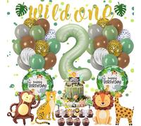 Fizdoqg Jungla Deko 2 Geburtstag Set Wild One Geburtstagsdeko 2 Jahr Safari Tiere Waldtiere Folienballon für Junge Mädchen Party Geburtstag Dekoration Globons, Banner, Cake Topper