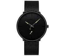 FIZILI Reloj de pulsera para hombre, ultradelgado, minimalista, impermeable, a la moda, unisex, con correa de malla de acero inoxidable, manecillas amarillas, Moda