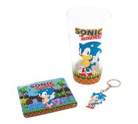 Fizz Creations SonicThe Hedgehog - Juego de regalo de cristal y posavasos, 3 en 1. Vaso de bebida de 480 ml de capacidad. Producto oficial de Sonic The Hedgehog