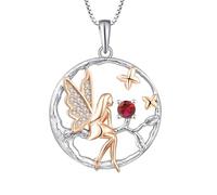 FJ Collar Ángel de la Guarda Plata de Ley 925 Colgante Árbol de la Vida Collar Hada Mariposa con Julio Piedra de Nacimiento Rubí Joyas Regalos para Mujer Niña