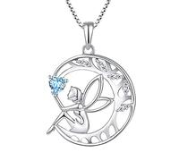 FJ Collar Ángel de la Guarda Plata de Ley 925 Mujer - Árbol de la Vida, Hada Luna Colgante, Marzo Piedra de Nacimiento Aguamarina Azul - Regalos de Joyería para Mujer y Niña