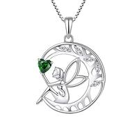 FJ Collar Ángel de la Guarda Plata de Ley 925 Mujer Collar Árbol de la Vida Collar Hada Luna Colgante Mayo Piedra de Nacimiento Collar Verde Regalos de Joyería para Mujer Niña