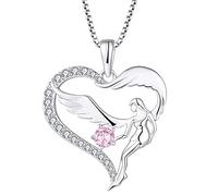 FJ Collar de corazón con colgante de ala de ángel de la guarda, plata de ley 925 con piedra de nacimiento, circonita cúbica, regalo para mujeres y niñas, Piedra preciosa, Turmalina Circonita cúbica
