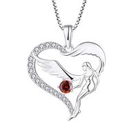 FJ Collar de corazón con colgante de ala de ángel de la guarda, plata de ley 925 con piedra de nacimiento, circonita cúbica, regalo para mujeres y niñas, Piedra preciosa, Granate Circonita cúbica
