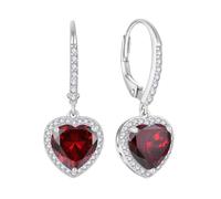 FJ Pendientes Colgantes Corazón Plata de Ley 925 Pendientes Palanca Solitario Halo con Enero Piedra de Nacimiento Granate Joyas para Mujer