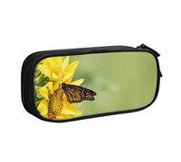 FJAUOQ Caja de lápices Butterfly on The Sunflower Pencil Case Compartments Pen Pouch Box Multifunctional Makeup Bag Holder Large Storage Stationery Organizer with Zipper for Office Travel