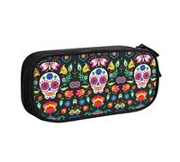 FJAUOQ Caja de lápices Mexican Sugar Skulls Day of The Dead Flowers Pencil Case Compartments Pen Pouch Box Multifunctional Makeup Bag Holder Large Storage Stationery Organizer with Zipper