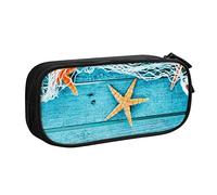 FJAUOQ Caja de lápices Sea Star Fishing Net Wooden Board Pencil Case Compartments Pen Pouch Box Multifunctional Makeup Bag Holder Large Storage Stationery Organizer with Zipper for Office Travel