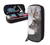 FJAUOQ Estuche para lápices de piel de gran capacidad con diseño de ciervo mirando a través de la nieve, estuche portátil con cremallera para organizador de oficina, Black, Talla única, Estuche para