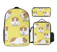 FJAUOQ Juego de mochila con diseño de conejillo de indias de dibujos animados, 3 piezas, kit de mochila de bolsa de almuerzo, estuche para lápices, gran capacidad, Bonito patrón de conejillo de indias