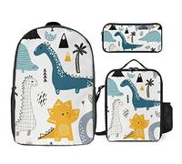 FJAUOQ Juego de mochila con diseño de dinosaurio de dibujos animados, 3 piezas, bolsa de almuerzo, estuche para lápices, gran capacidad, Lindo dinosaurio de dibujos animados, Talla única