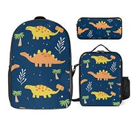 FJAUOQ Juego de mochila con diseño de dinosaurio y hojas, 3 piezas, kit de mochila de lonchera, estuche para lápices, gran capacidad, Bonito patrón de dinosaurio y hojas, Talla única, Mochilas
