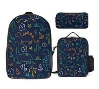 FJAUOQ Juego de mochila con diseño de dinosaurio y hojas, 3 piezas, kit de mochila de lonchera, estuche para lápices, gran capacidad, Bonito patrón de dinosaurio y hojas, Talla única, Mochilas