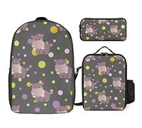 FJAUOQ Juego de mochila con diseño de hipopótamo de dibujos animados, 3 piezas, kit de mochila de lonchera, estuche para lápices, gran capacidad, Lindo patrón de hipopótamo, Talla única, Mochilas
