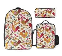 FJAUOQ Juego de mochila con estampado de gallos, 3 piezas, kit de mochila de lonchera, estuche para lápices, gran capacidad, Bonito estampado de pollos de gallo, Talla única, Mochilas