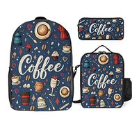 FJAUOQ Juego de mochila con patrón de café de dibujos animados, 3 piezas, kit de mochila de bolsa de almuerzo, estuche para lápices, gran capacidad, Cartoon Coffee Pattern-1, Talla única, Mochilas