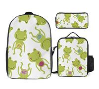 FJAUOQ Juego de mochila con patrón de rana, 3 piezas, kit de mochila de bolsa de almuerzo, estuche para lápices, gran capacidad, Bonito patrón de rana, Talla única, Mochilas