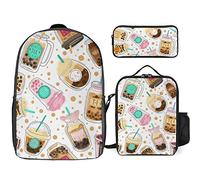 FJAUOQ Juego de mochila con patrón de té de burbujas de dibujos animados, 3 piezas, kit de mochila de bolsa de almuerzo, estuche de lápices, gran capacidad, Lindo patrón de té de burbujas de dibujos,