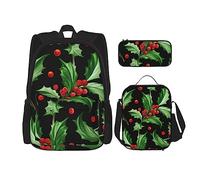 FJAUOQ Juego de mochila de acebo de Feliz Navidad, 3 piezas, kit de mochila de bolsa de almuerzo, estuche para lápices, gran capacidad, Bp192, Talla única, Mochilas