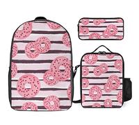 FJAUOQ Juego de mochila de dona a rayas de color pastel, 3 piezas, kit de mochila de bolsa de almuerzo, estuche para lápices, gran capacidad, Donut a rayas de color pastel, Talla única, Mochilas