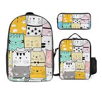 FJAUOQ Juego de mochila de gato kawaii, 3 piezas, lindo kit de mochila de animales de bolsa de almuerzo, estuche para lápices, gran capacidad, Kawaii Cat-3, Talla única, Mochilas