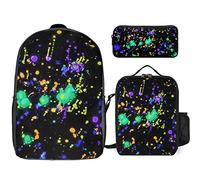 FJAUOQ Juego de mochila de neón que brilla en la oscuridad, 3 piezas, kit de mochila de bolsa de almuerzo, estuche para lápices, gran capacidad, Rainbow of Neon Paint Splatters-1, Talla única,