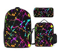 FJAUOQ Juego de mochila de neón que brilla en la oscuridad, 3 piezas, kit de mochila de bolsa de almuerzo, estuche para lápices, gran capacidad, Rainbow of Neon Paint Splatters, Talla única, Mochilas