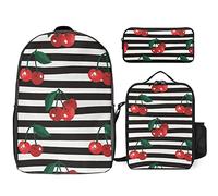 FJAUOQ Lindo juego de mochila con patrón de cereza, 3 piezas, kit de mochila de lonchera, estuche para lápices, gran capacidad, Patrón de cereza a rayas-1, Talla única, Mochilas