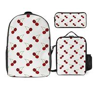 FJAUOQ Lindo juego de mochila con patrón de cereza, 3 piezas, kit de mochila de lonchera, estuche para lápices, gran capacidad, Bonito patrón de cereza, Talla única, Mochilas