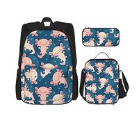 FJAUOQ Lindo juego de mochila con patrón kawaii de axolotl, 3 piezas, kit de mochila de bolsa de almuerzo, estuche de lápices, gran capacidad, Bp394, Talla única, Mochilas