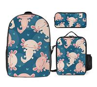 FJAUOQ Lindo juego de mochila con patrón kawaii de axolotl, 3 piezas, kit de mochila de bolsa de almuerzo, estuche de lápices, gran capacidad, Bonito patrón kawaii de ajolote, Talla única, Mochilas