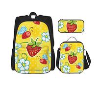 FJAUOQ Lindo juego de mochila de fresa, 3 piezas, kit de mochila de lonchera, estuche de lápices, gran capacidad, B12, Talla única, Mochilas