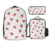 FJAUOQ Lindo juego de mochila de fresa y corazón, 3 piezas, kit de mochila de bolsa de almuerzo, estuche para lápices, gran capacidad, Estampado De Fresas Kawaii, Talla única, Mochilas