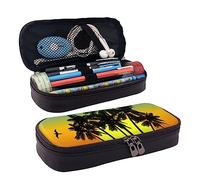 FJAUOQ Plam Tree - Estuche de piel con estampado de isla tropical al atardecer, gran capacidad, estuche organizador de cosméticos con cremallera, Black, Talla única, Estuche para lápices