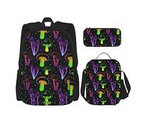 FJAUOQ Psychedelic Magic Glowing Mushroom - Juego de mochila de 3 piezas, bolsa de almuerzo, estuche para lápices, gran capacidad, Bp358, Talla única, Mochilas