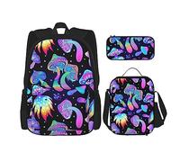FJAUOQ Psychedelic Magic Glowing Mushroom - Juego de mochila de 3 piezas, bolsa de almuerzo, estuche para lápices, gran capacidad, Bp357, Talla única, Mochilas