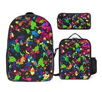 FJAUOQ Rainbow of Neon Paint Splatters - Juego de 3 mochilas, bolsa de almuerzo, estuche para lápices, gran capacidad, Rainbow of Neon Paint Splatters, Talla única, Mochilas